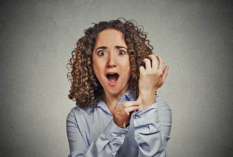 Reality check gesture. Portrait surprised woman pinching her arm skin, is this a dream, for real did it happen isolated grey wall background. Human emotion, expression feeling body language perception